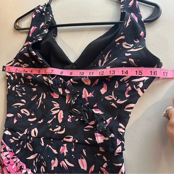 Saloni silk Aggie midi dress patterned with ruffles in navy blue and pink size 2 - Picture 7 of 8